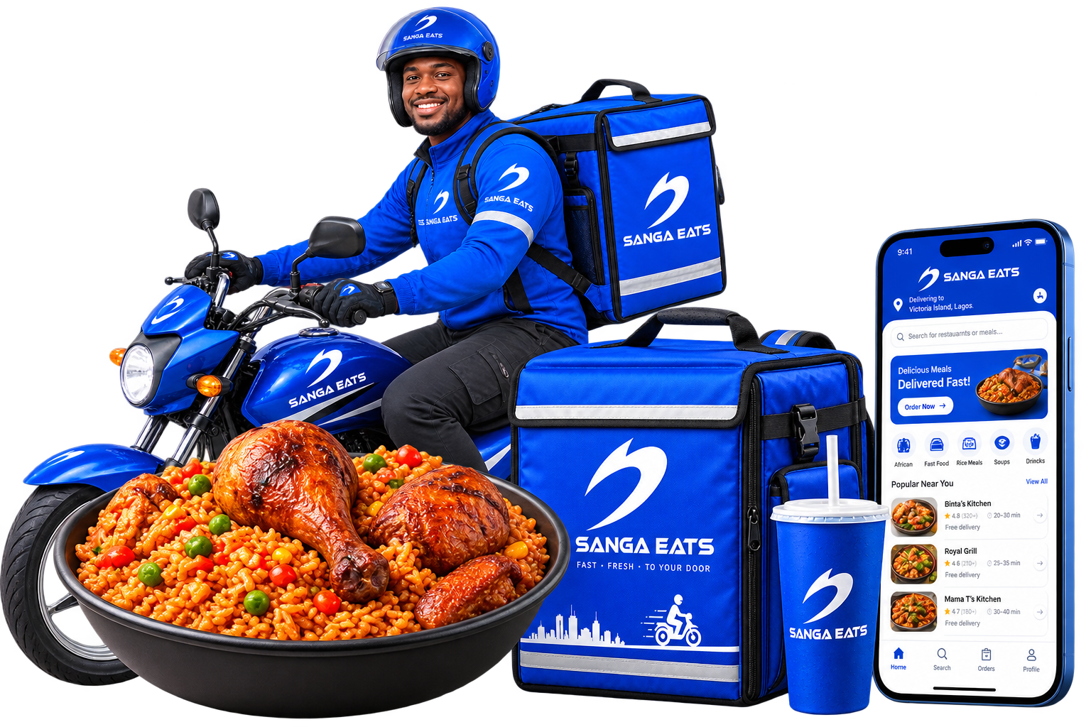 Sanga Eats rider with a hot meal and the app